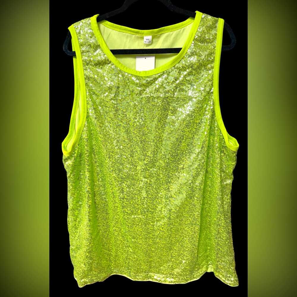 WDIRARA men’s size XXXL lime metallic green sequin tank top shirt rave festival